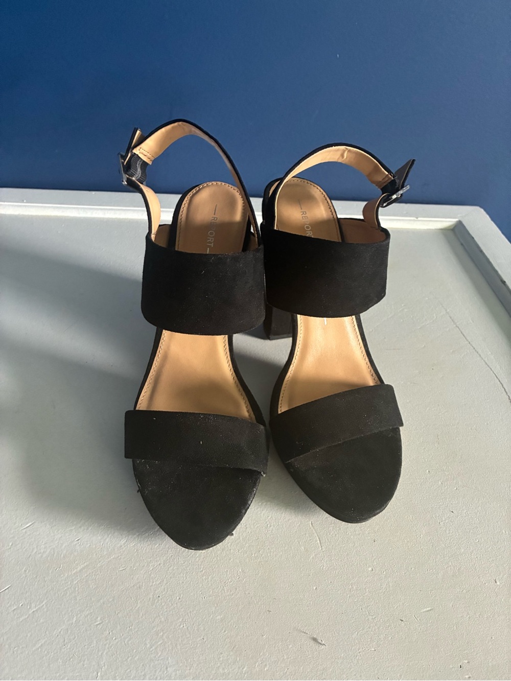 Report Women’s Classic Black Suede High Heels, Block Heel, Thick Straps, Sz 10